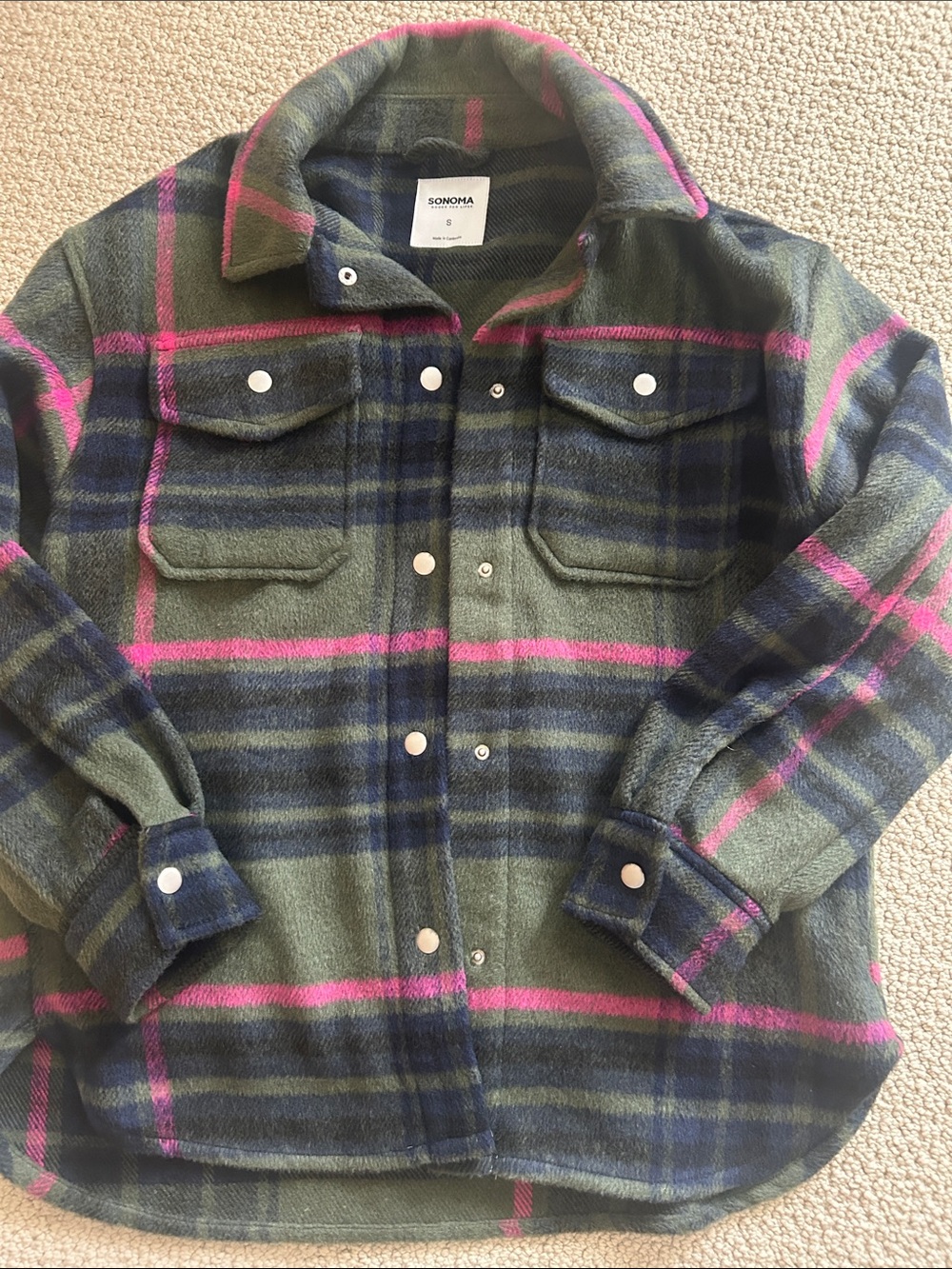 Sonoma Olive Plaid Shirt Jacket with Pink Stripes